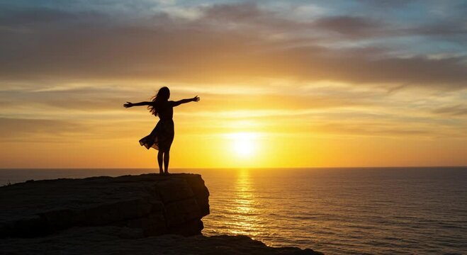 silhouette of a woman jumping on the beach - Powered by Adobe