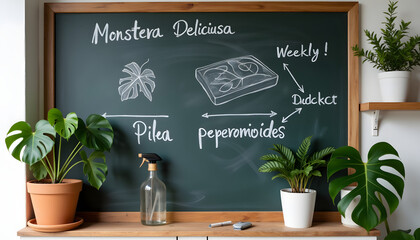 Indoor plants arranged on a shelf beside a chalkboard with notes  