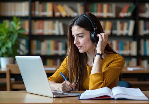 Young woman wearing headphones taking notes while using laptop in library