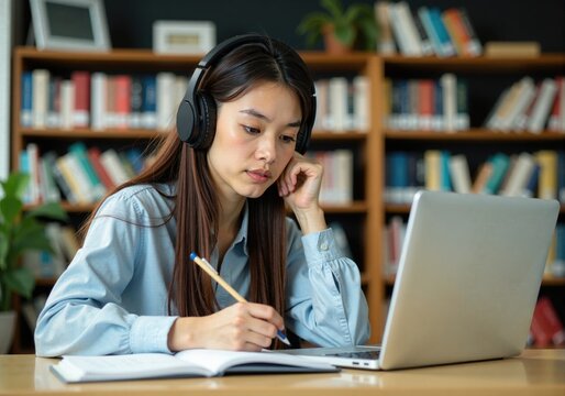 Focused student wearing headphones taking notes while attending online class in library