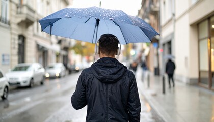 Quiet back view of a young man listening to music with an umbrella on a rainy street
