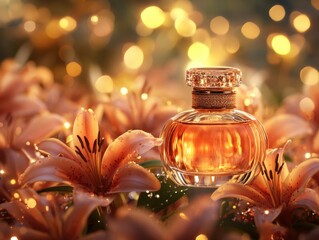 Elegant Perfume Bottle Surrounded by Blooming Lilies and Soft Bokeh Lights