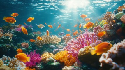 Obraz premium A lively underwater scene showcases an array of bright coral formations and various fish swimming gracefully. Sunlight filters through the water, illuminating the beauty of this marine ecosystem