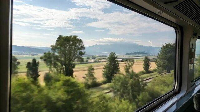 Scenic view of countryside landscape through train window  