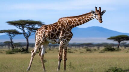 Obraz premium A giraffe gracefully stretches its neck in the savanna, surrounded by iconic acacia trees and distant mountains under a bright blue sky, capturing the essence of East Africa's wildlife