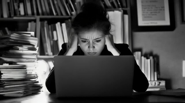 Stressed businesswoman in a library surrounded by stacked books and papers, looking at her laptop with eyes closed and hand on forehead.