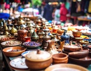 Colorful assortment of antique-looking copper and ceramic pots, bowls, and teacups displayed on a market stall.  Blurred background of bustling market scene