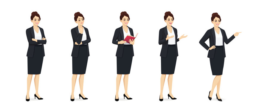 Elegant beautiful business woman in suit standing half turn view different poses set. Standing with arms crossed, thinking, holding book, pointing, speaking. Isolated vector illustration.