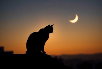 Silhouetted black cat perched on a rooftop, crescent moon glowing behind it, cinematic lighting, high definition,  dark art,  spooky