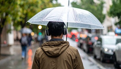 Quiet back view of a young man listening to music with an umbrella on a rainy street