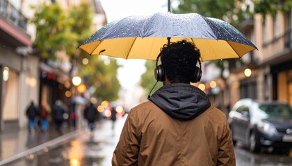 Obraz premium Quiet back view of a young man listening to music with an umbrella on a rainy street