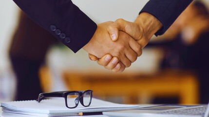 Business people shaking hands to seal a deal, symbolizing agreement and successful partnership in an office meeting