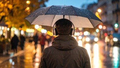 Obraz premium Quiet back view of a young man listening to music with an umbrella on a rainy street
