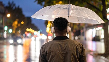Quiet back view of a young man listening to music with an umbrella on a rainy street