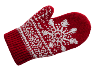 A single red knitted mitten with a white snowflake design against a white or transparent background winter apparel