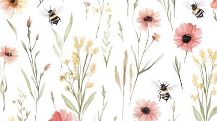 Watercolor floral pattern with bees