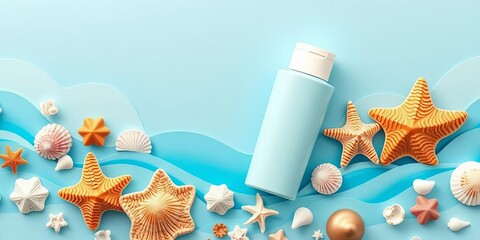Soft blue paper cut waves, seashells, summer beach sunscreen bottle mockup, handmade, texture