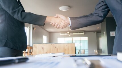 Two businesspeople in suits seal a successful office meeting with a firm handshake, symbolizing their agreement and strong partnership