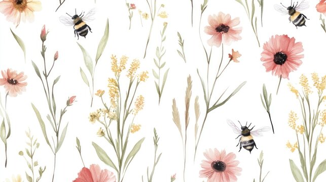 Watercolor floral pattern with bees
