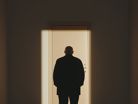 Silhouette of a man standing before a glowing doorway, creating a stark contrast of light and shadow. Implies a journey, a choice, or a transition.