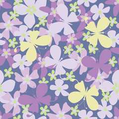 Field of flowers with butterflies. Seamless background with flowers. Perfect for women's and men's clothing, children's clothing, home decor. Vector illustration