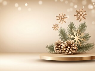 Holiday scene with golden pedestal and winter elements