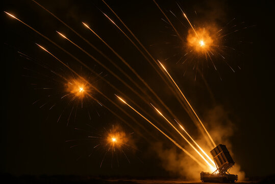 Iron Dome Intercepting Rockets at Night with Explosions in Dark Sky