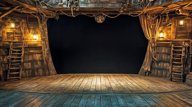 Dramatic Pirate Ship Stage Setting: A Dark Wooden Theater Backdrop