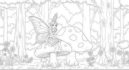 Enchanted Forest Fairy Coloring Page Fantasy Illustration of a Fairy Sitting on a Mushroom