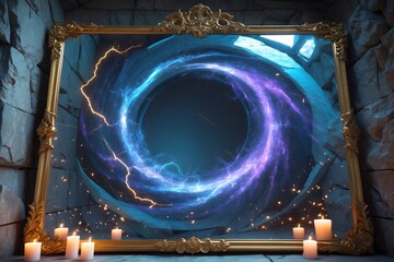 Mystical swirling portal with glowing energy, set in a stone chamber with flickering candles

