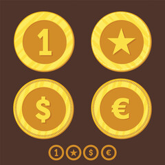 A set of golden coins with different symbols - euro, dollar, number 1 and a star. Different gold metal coins.