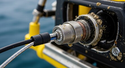 Close up of intricate mechanical components in aquatic setting