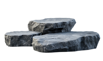 A set of rock or stone podium for product display or showcase isolated on transparent background. grey rock textured podium for mockup.