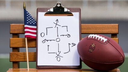 Football play clipboard, ball, and U.S. flag on wooden bench. Focus on strategy and American pride. Warm light, editorial style, no people