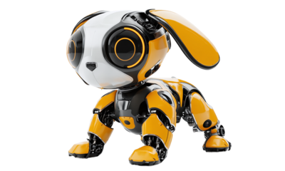 Adorable robot dog isolated on transparent background. concept for mech chatbot dog. in 3d render style.