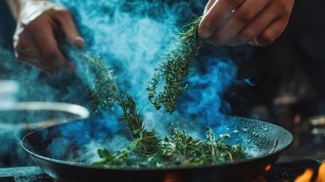 Chef adding herbs to pan (1)