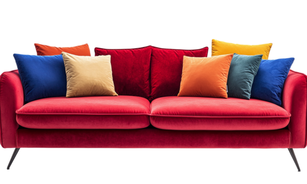 Cut out red sofa with colorful cushions with velvet like texture. modern furniture isolated on transparent background.