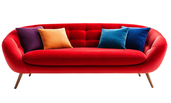 Cut out red sofa with colorful cushions with velvet like texture. modern furniture isolated on transparent background.