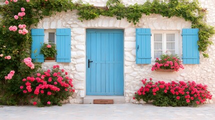 Rustic stone house with blue door and pink wall, romantic garden with roses and bougainvillea, Mediterranean village entrance, dreamy floral scenery

