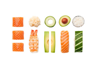 Sushi ingredients salmon avocado shrimp rice