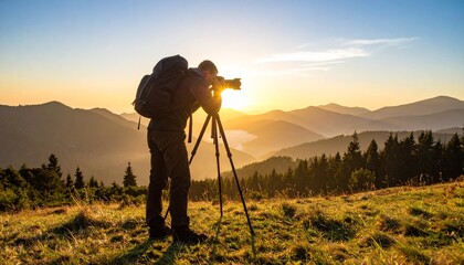 Photographer adjusting camera tripod to capture sunrise landscape