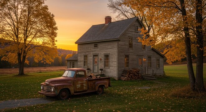Fototapeta Vintage car and rustic house at sunset