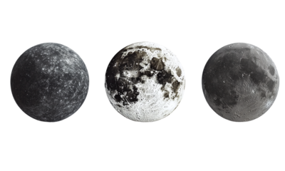 Set of three moon like planetoids isolated on transparent background.