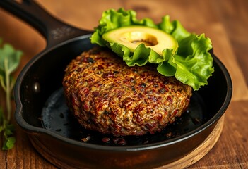 Plant-based burger patty with avocado and lettuce