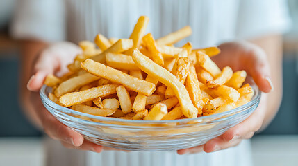 Bowl of golden fried potato sticks held by a person. The golden fries fill the glass bowl. Light highlights the golden brown.