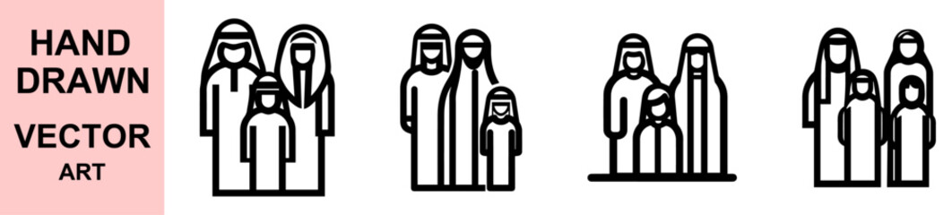 Traditional Middle Eastern family icon set vector hand drawn style cultural heritage people Islamic attire group black outline generational representation