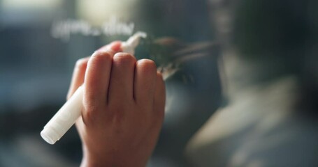 Code, hand and person with glass board, writing and scripting with system integration. Research scientist, analysis and plan with equation, algorithm development or professional with software or idea - Powered by Adobe