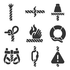 Rope Safety Icons. Solid style icons of rope safety features: frayed rope warning, rope under tension, high-load rope, emergency