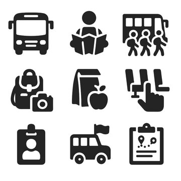 School Trip Icons. Solid style icons of school trip and field travel: charter bus icon, student with map, group boarding trip,