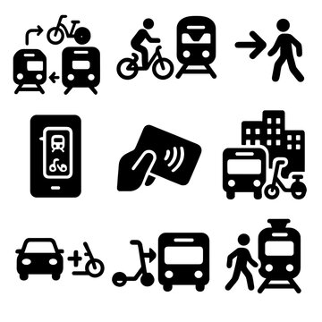 Multimodal Transport Icons. Solid style icons of multimodal transport: transfer hub icon, bike to metro, walk and ride symbol, app